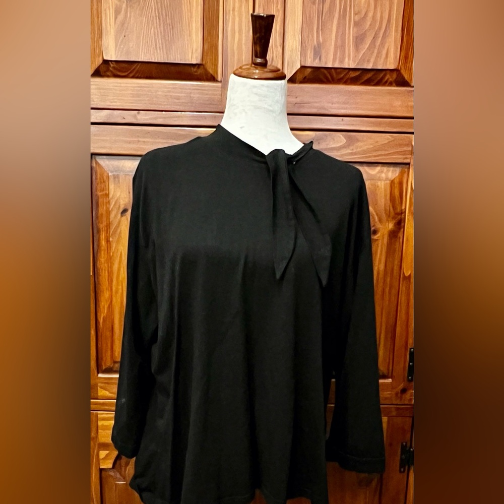 Black 3/4 Sleeve Blouse with Tie Front and Mandarin Collar